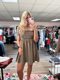 The Josie Smocked Babydoll Dress – Olive Taupe