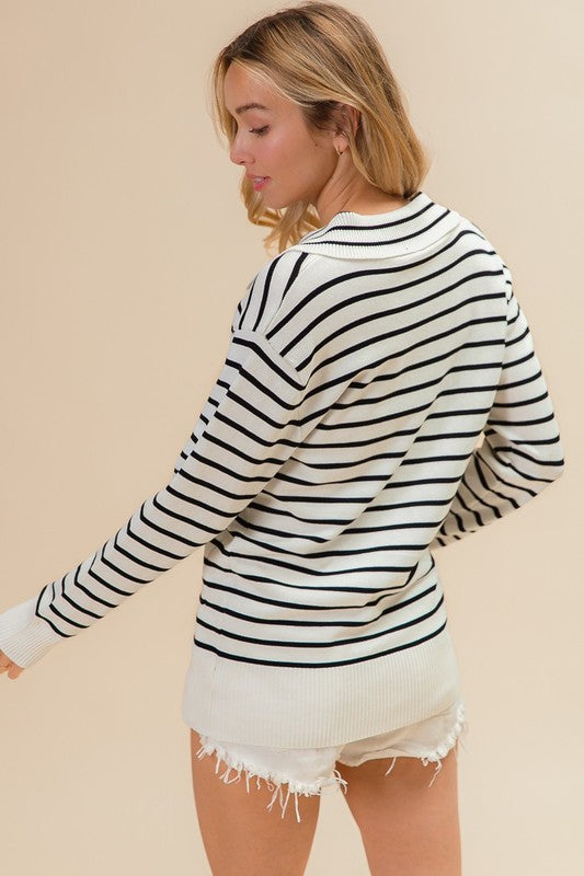 Going Coastal Collared Striped Long Sleeve Top: Ivory/ Black