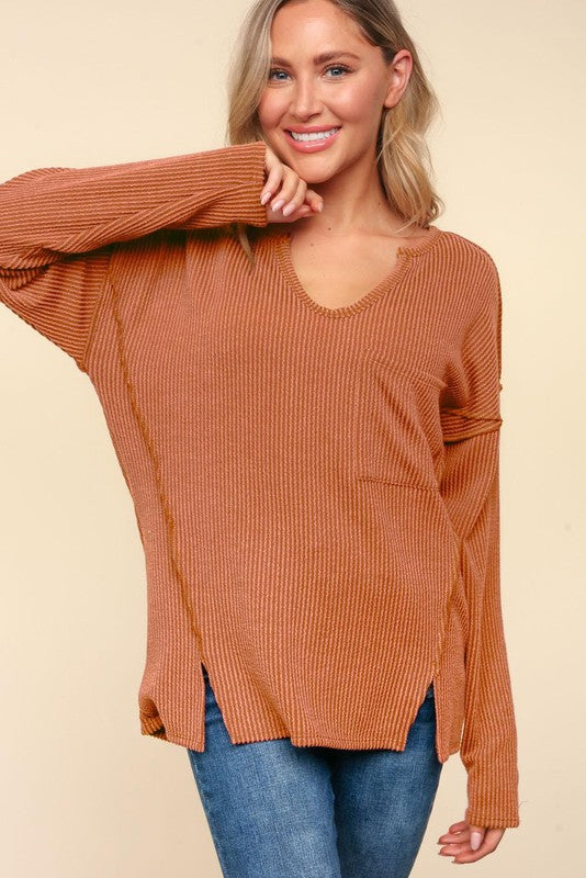 Mila Vintage Wash Ribbed Long Sleeve Basic Top