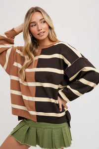 Nikki Striped Color Block Sweater: Mocha Combo