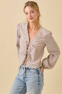 The Laurel Embroidered Tie Top: Taupe