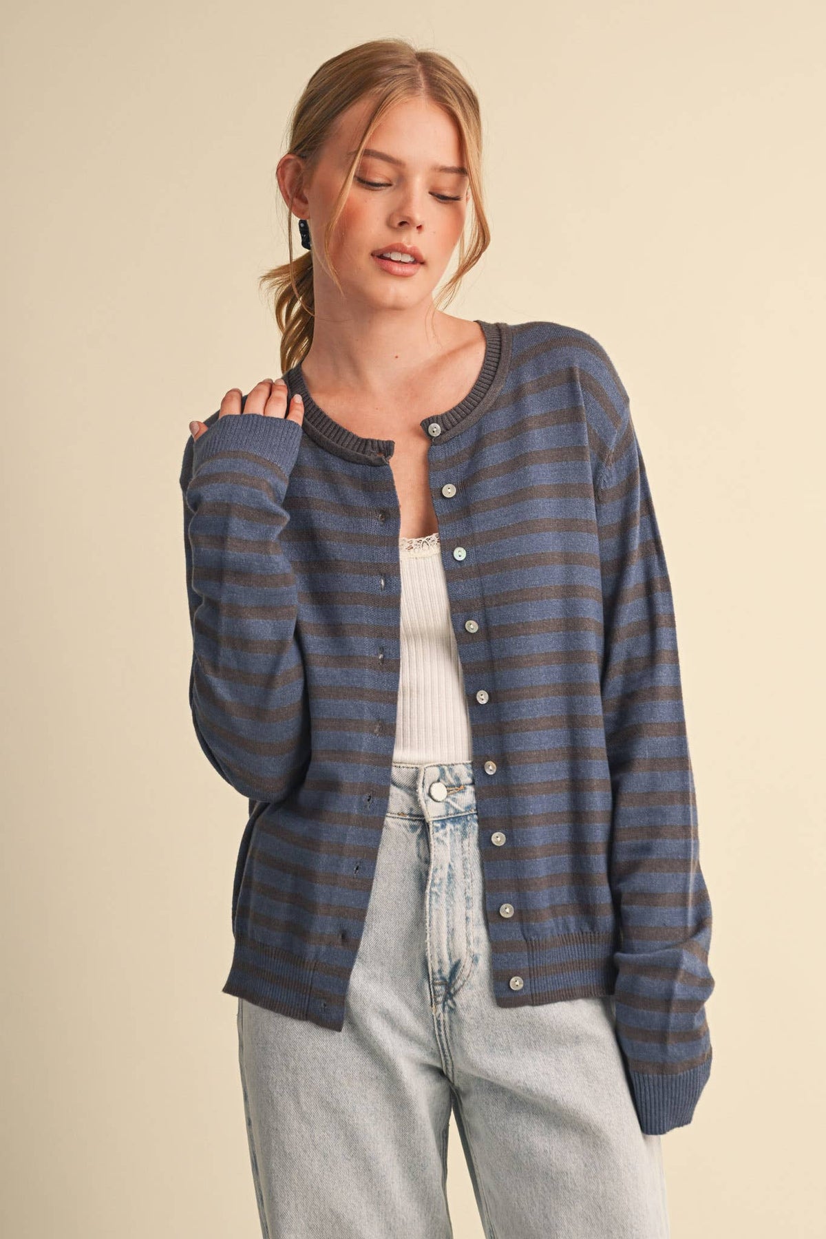 Just Between Us Stripe Cardigan: Denim/Charcoal