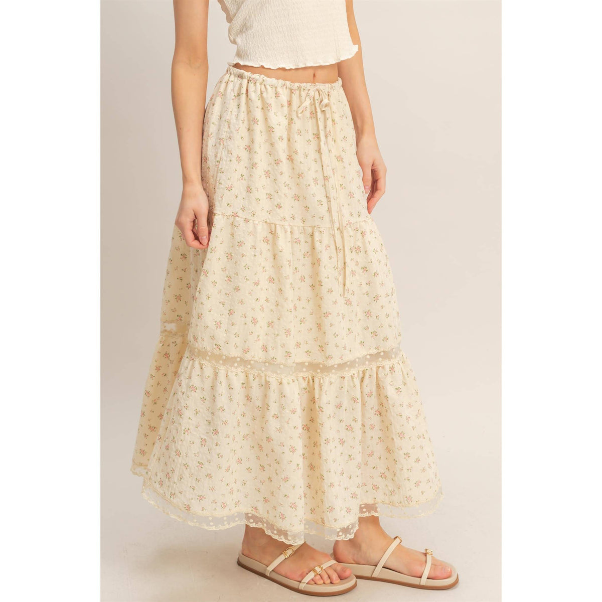 The Willow Lace Tiered Skirt: Cream/Brown Floral