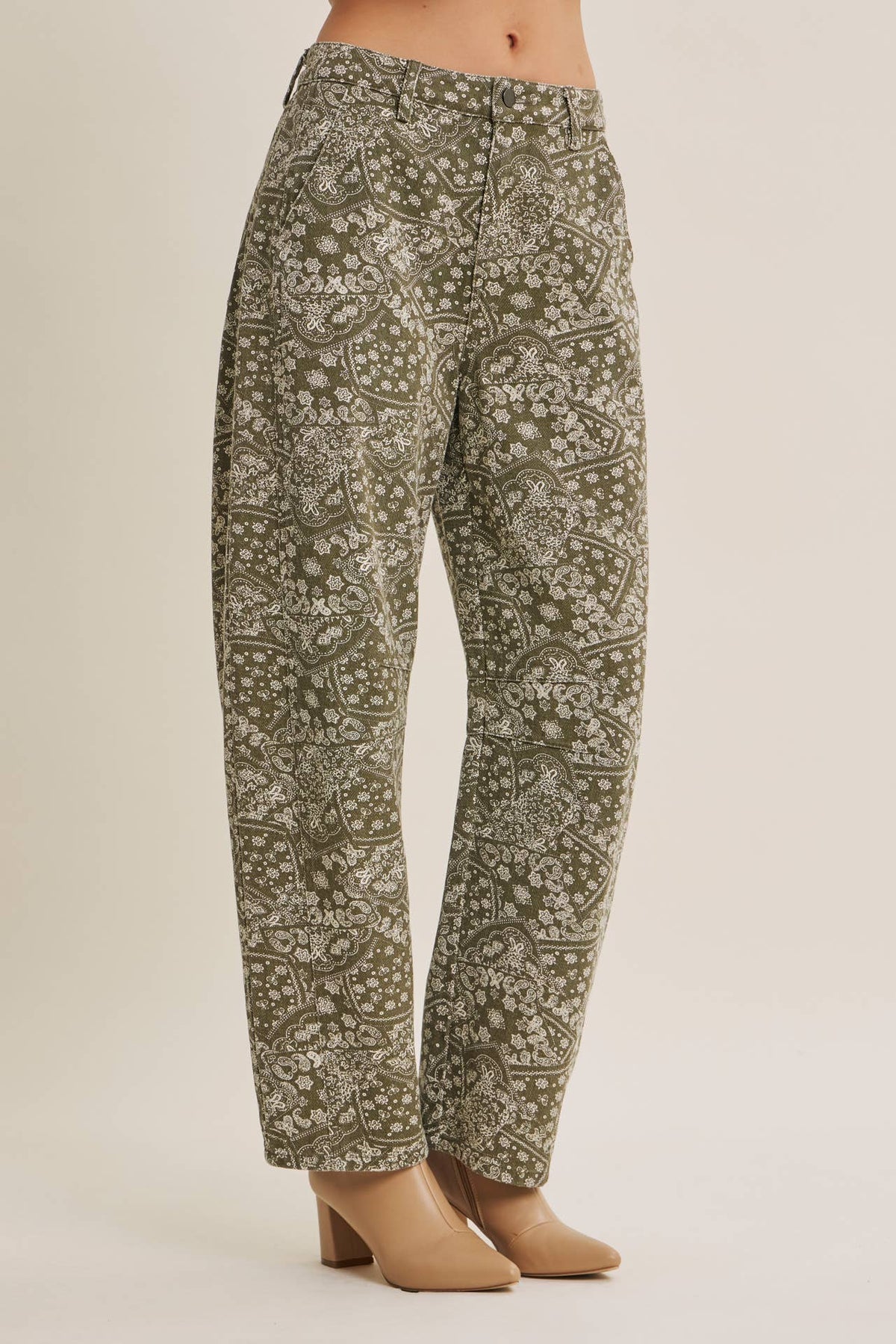 SUNFADED MARKET DAY  PAISLEY BARREL PANTS: ANTIQUE OLIVE