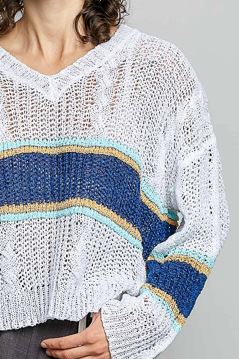 The Rowan Stripe Open Knit Sweater: Off White/  Blue