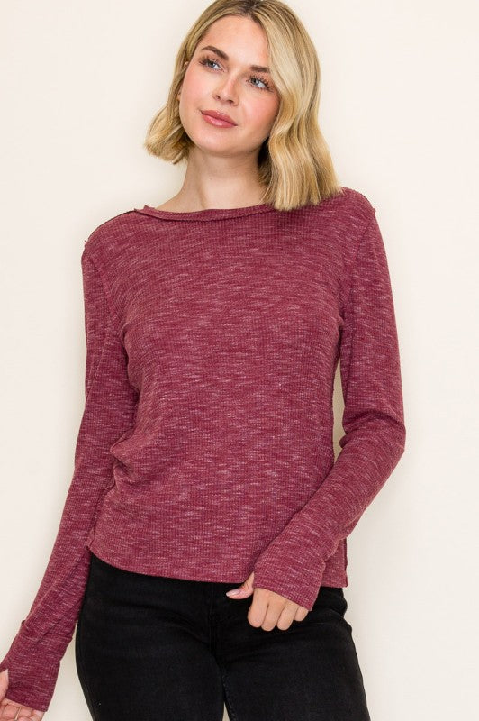 The Clara Marled Thumbhole Top – Wine & Camel