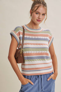 SEASONLESS TRANSITIONAL TEXTURED STRIPE SWEATER VEST: OLIVE MULTI / S