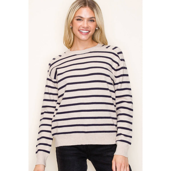 Ella Striped Crew Pullover: Oatmeal