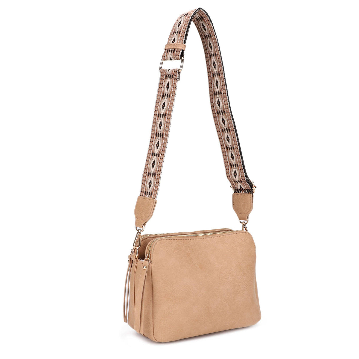 Mila 3 Compartment Crossbody Bag With Guitar Strap: Nude
