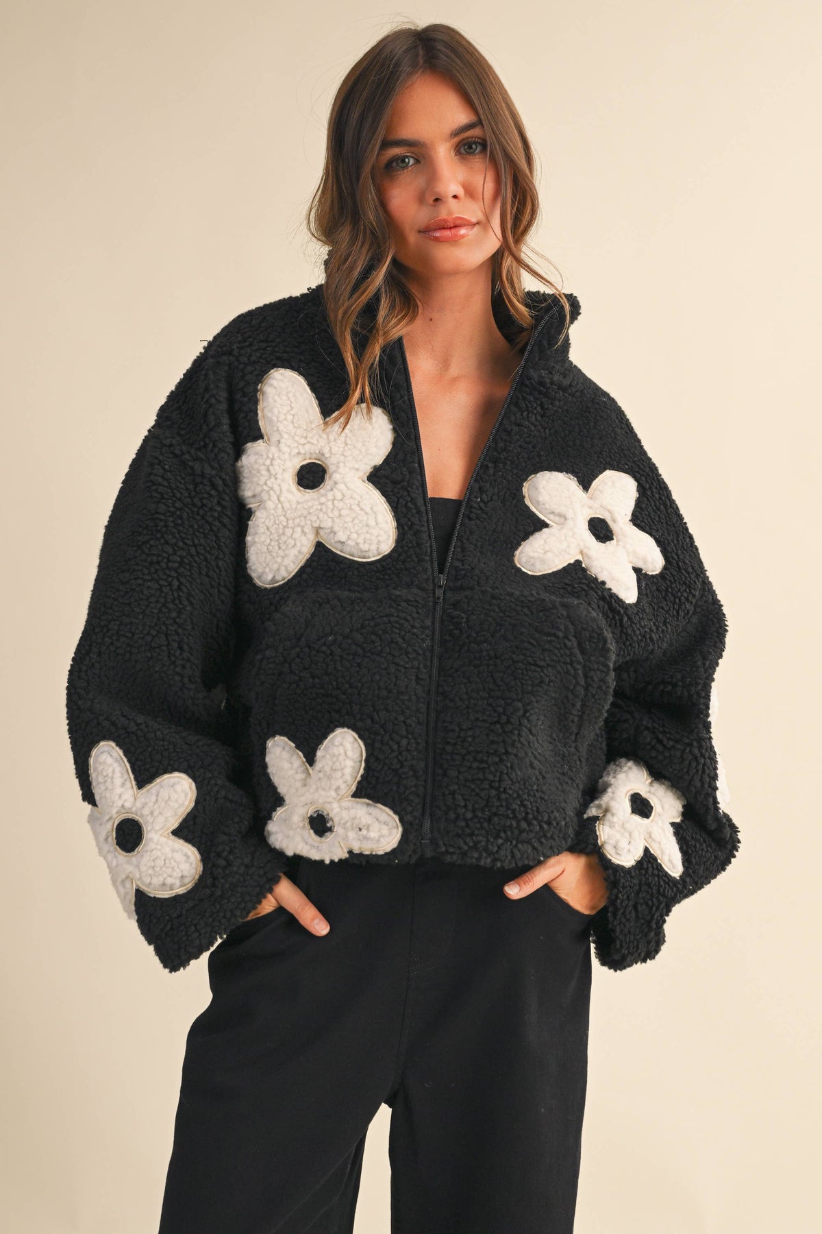 Floral Sherpa Zip Up Jacket: Black – Fully Lined Cozy Fleece with Pockets
