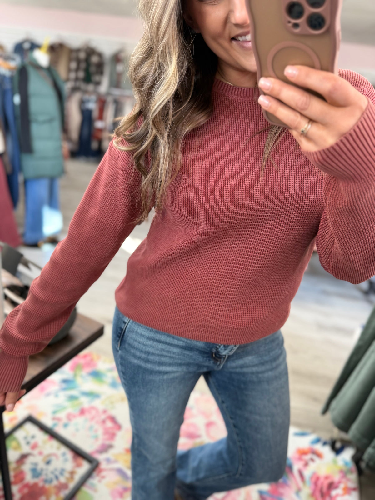 Staccato Vintage Wash Waffle Knit Crew Sweater