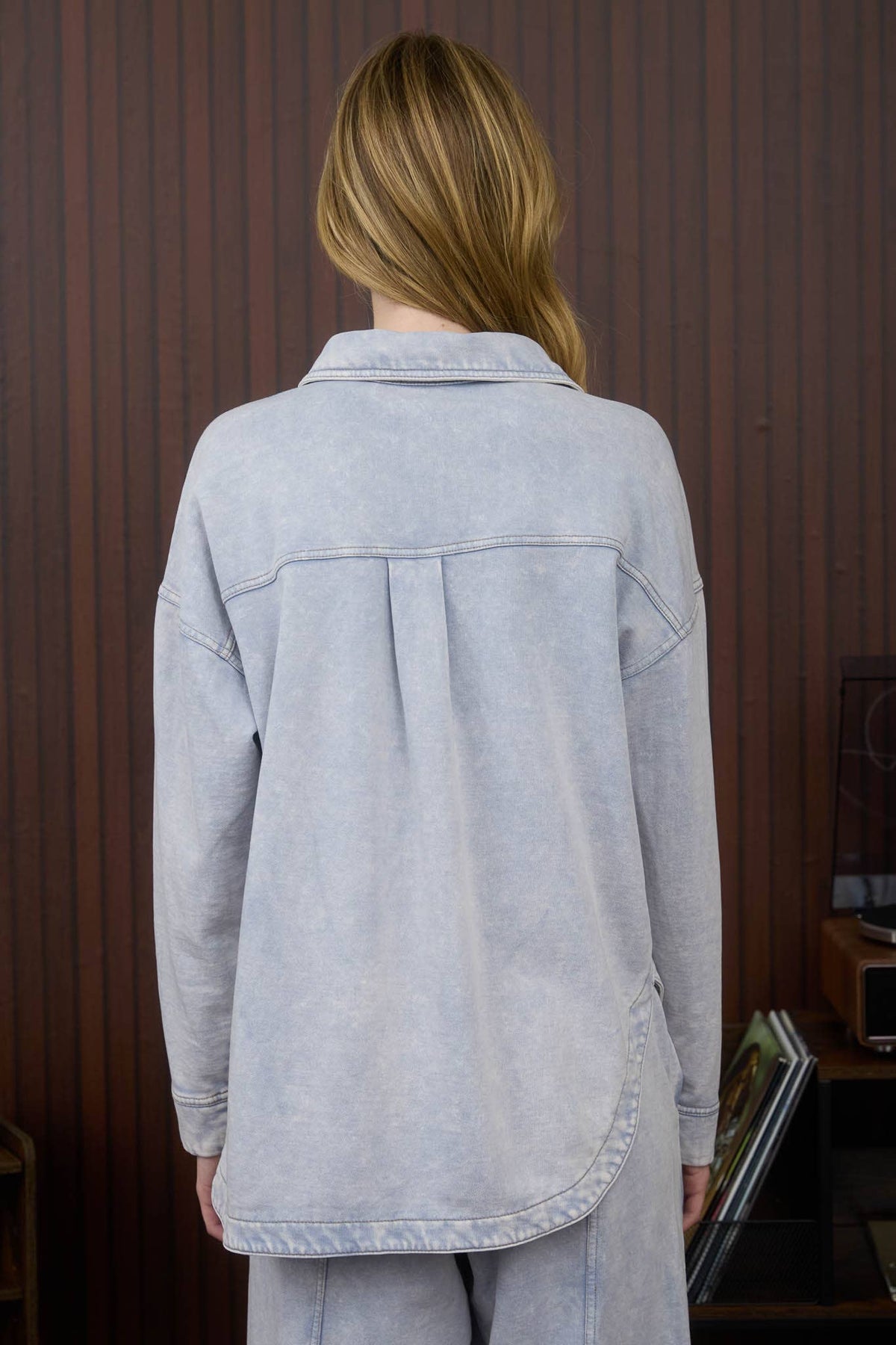 The Everly Acid Wash Knit Shacket: Light Wash – Oversized Cotton Button Down Shirt Jacket
