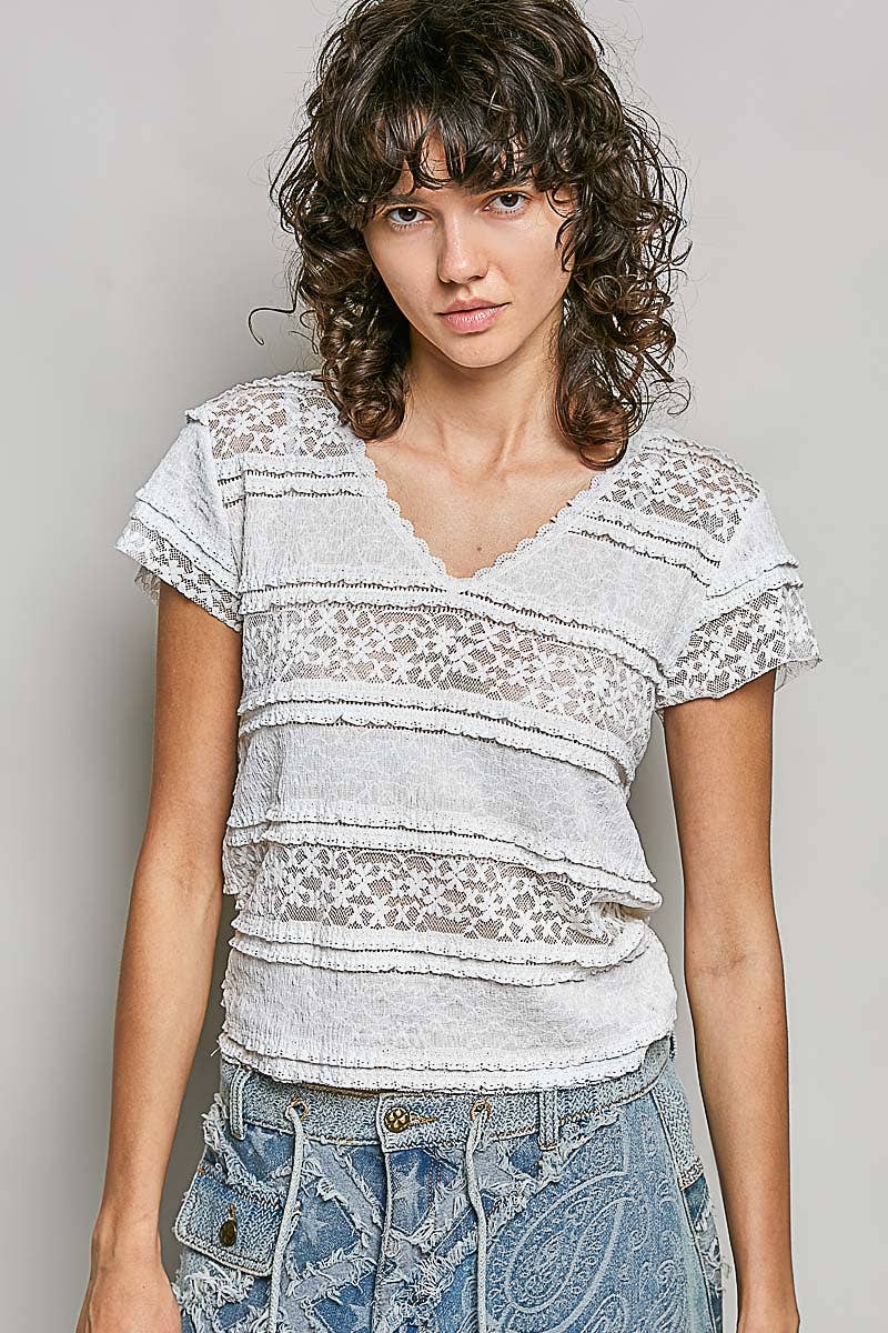 Feminine Lace V Neck Short Sleeve Top Trim Raw Edge: CREAM / S
