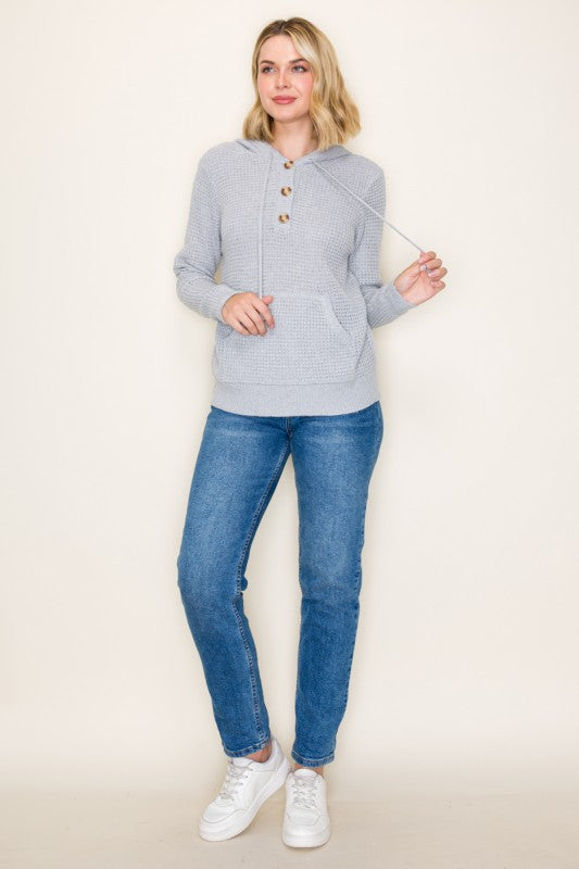The Marnie Waffle Knit Hoodie – Light Grey Button Neck Pullover