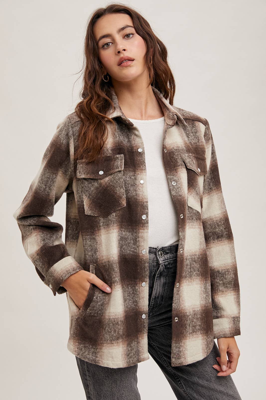 Dakota Plaid Flannel Shacket with Pockets – Brown Cream & Rust Ivory