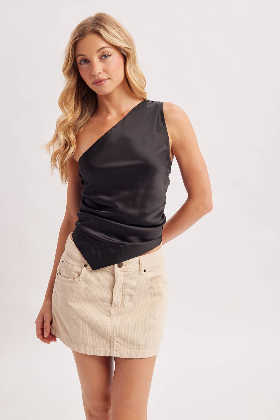 Satin One Shoulder Blouse: Black