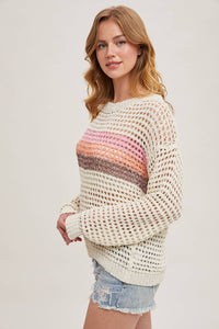 Isla Color Block Open Knit Sweater: Ivory