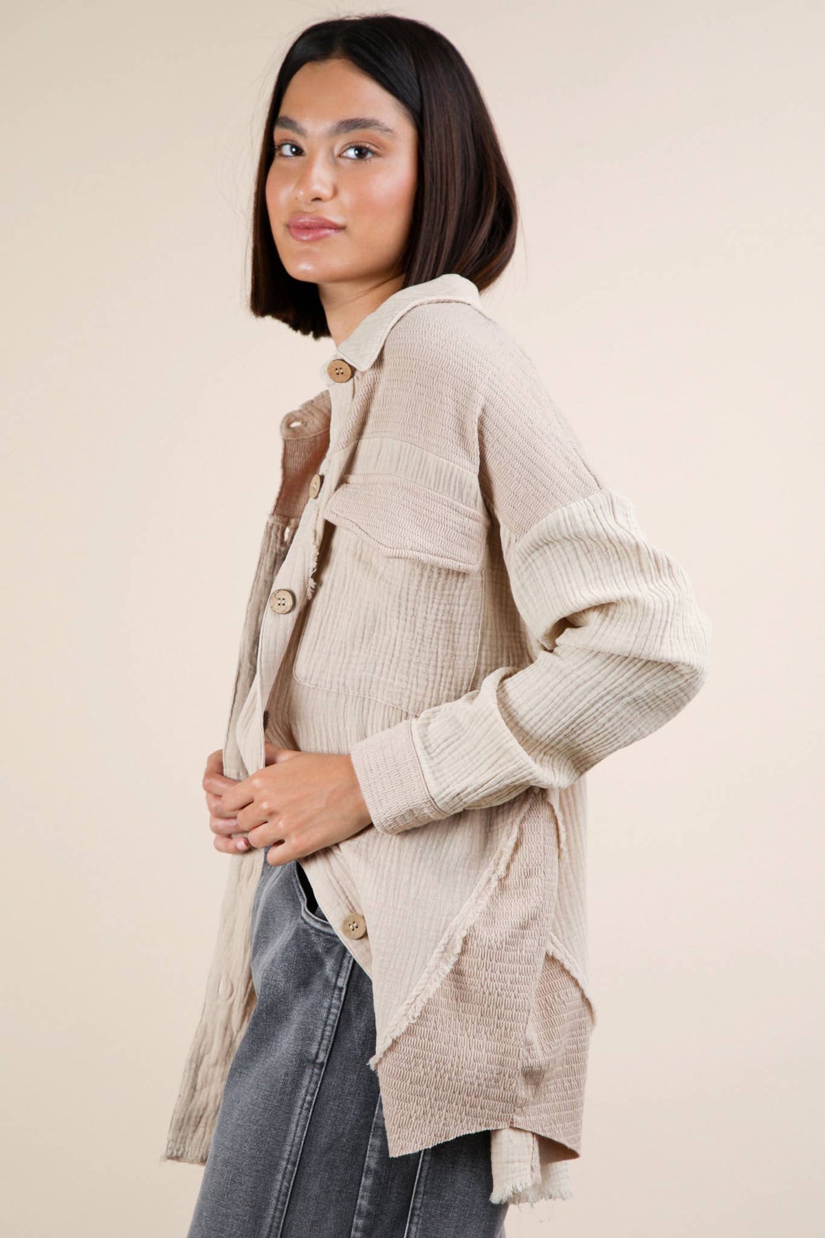 Harbor Breeze Mineral Washed Gauze Shacket – Mixed Fabric, Raw Edge Detai