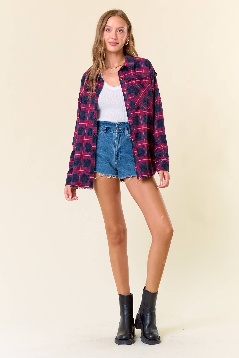 Rory Fringe Hem Flannel: Black/Brown – Oversized Plaid Button Down Shirt