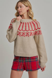 Tied with a Bow Holiday Sweater: Taupe/ Red