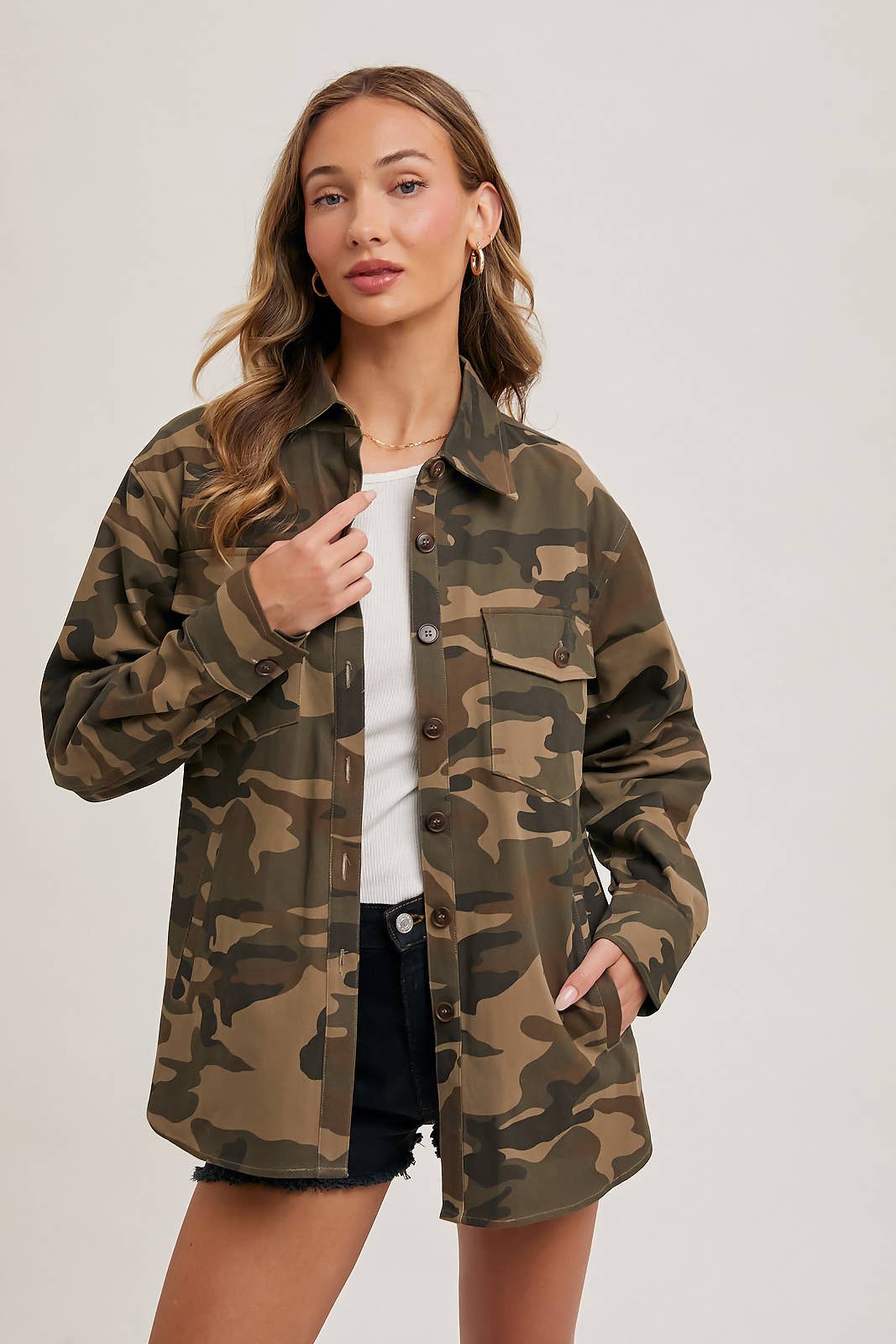 Andie Button Down Camo Shacket: Army