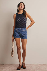 The Lainey Crochet Knit Tank: Navy – Sleeveless Open Knit Lightweight Sweater Top