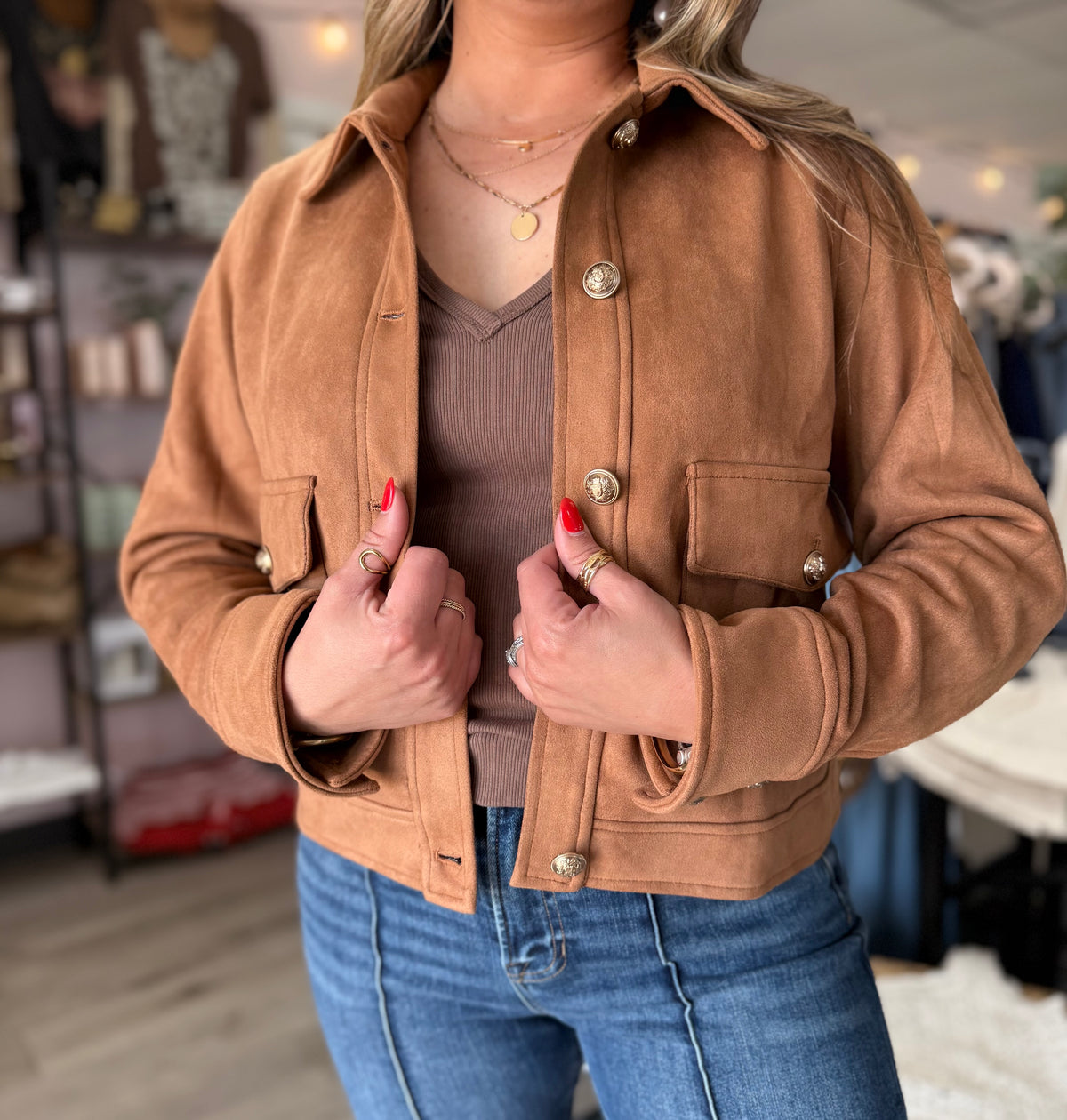 Sierra Stretch Suede Cropped Jacket: Camel