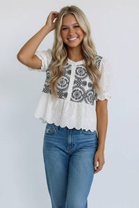 The Lila Embroidered Peplum Top: White