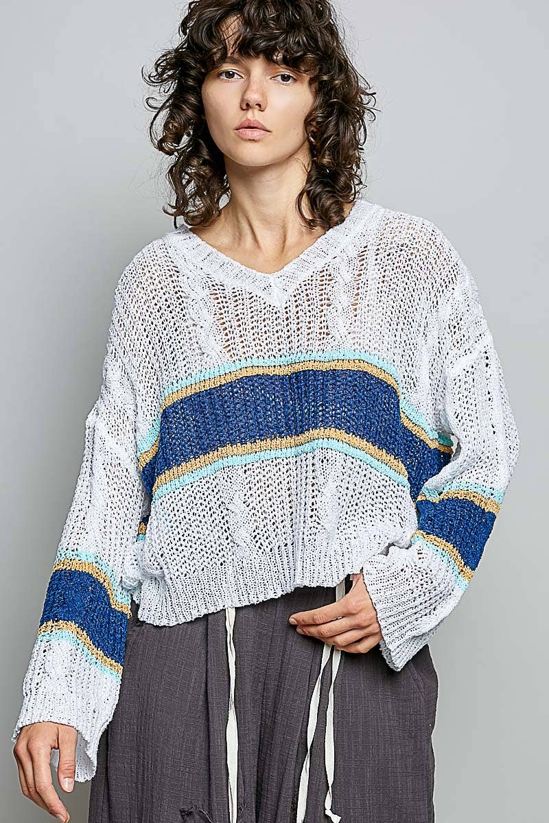 The Rowan Stripe Open Knit Sweater: Off White/  Blue
