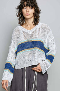 The Rowan Stripe Open Knit Sweater: Off White/  Blue