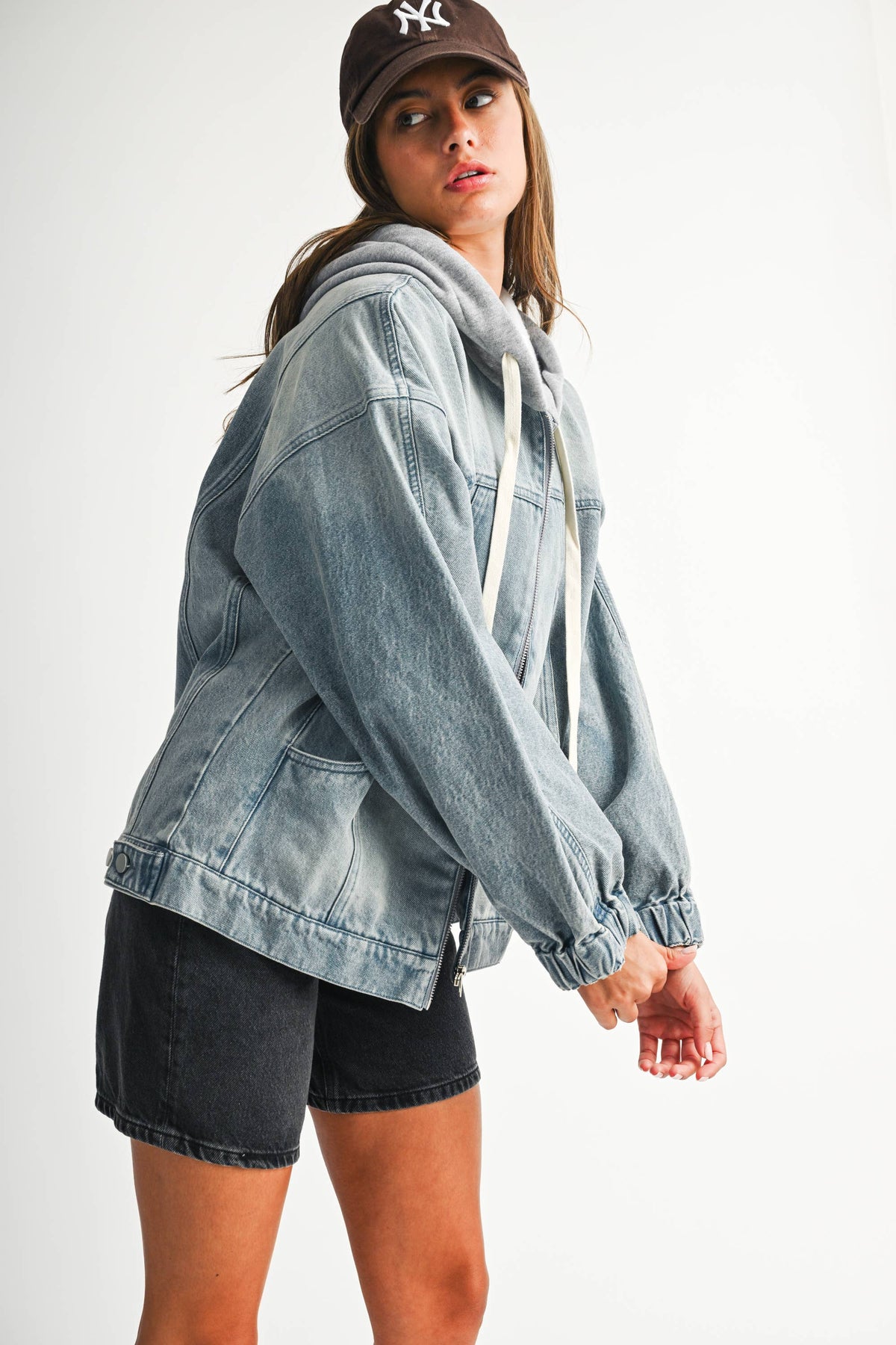 Off the Clock Mineral Wash Denim Hoodie Jacket: Light Wash