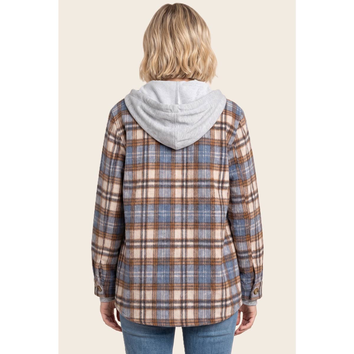 Layer Up Plaid Hooded Shacket: Brown/ Blue
