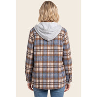 Layer Up Plaid Hooded Shacket: Brown/ Blue