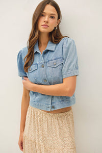 The Harlow Puff Sleeve Denim Jacket: Light Wash