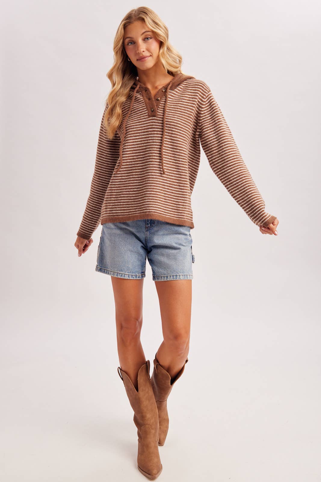 Off the Clock Striped Sweater Hoodie: Cocoa/Cream