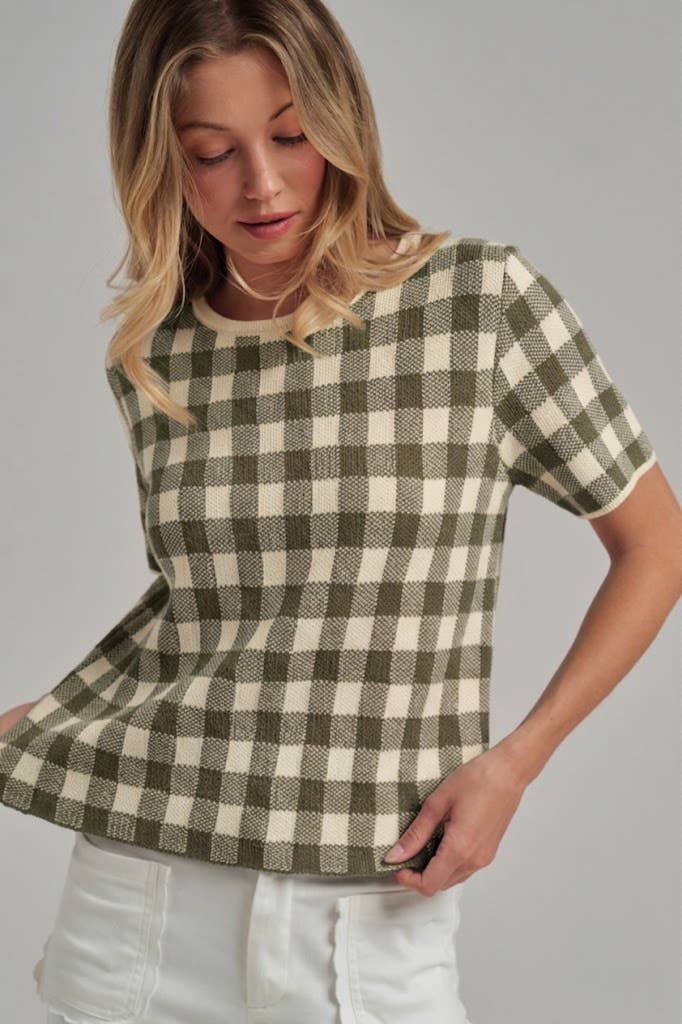 Harvest Check Knit Top: Olive/ Cream