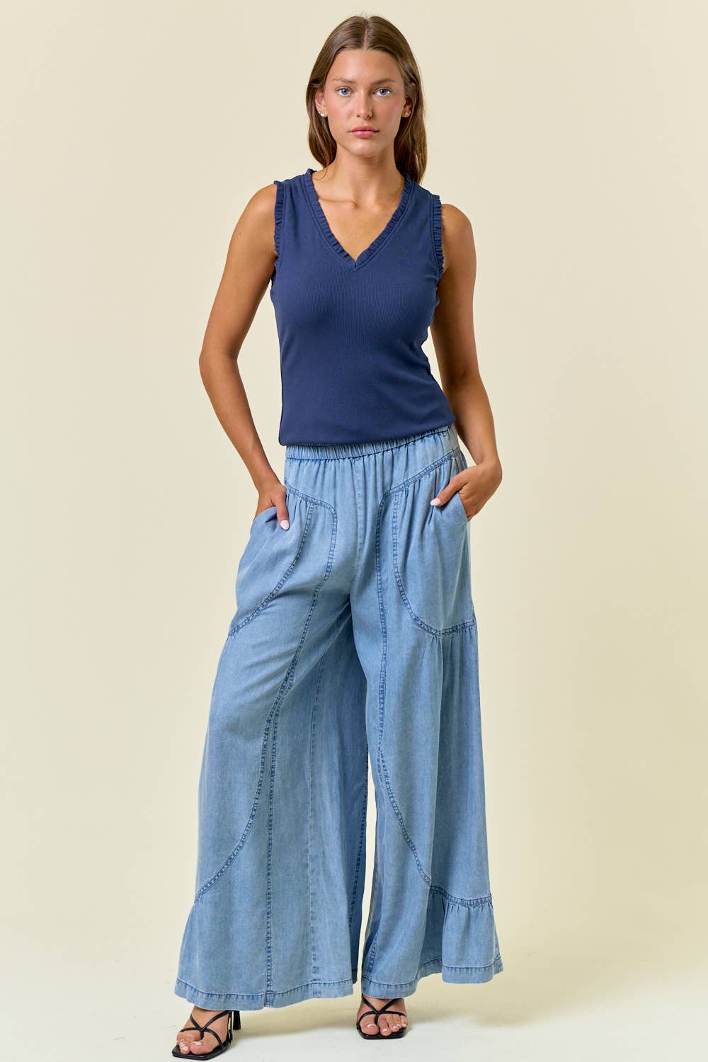 Alessia V-Neck Frill Trim Knit Tank – Women’s Sleeveless Ribbed Layering Top