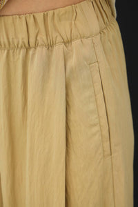 The Kinsley Crinkled Wide Leg Crop Pants: Sand  – Flowy Elastic Waist Casual Pants