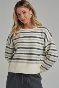 Keeping It Casual Stripe Sweater: Charcoal/ Oatmeal