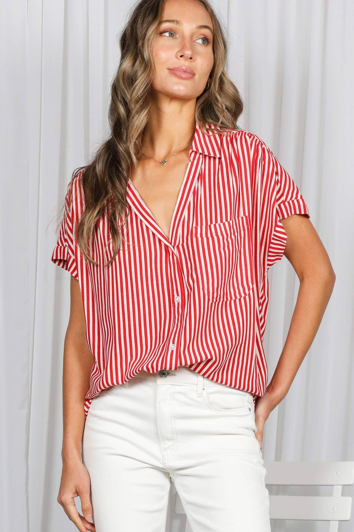 Collared Short Roll-Up Sleeve Button-Down Shirt VT83098: Brown / M