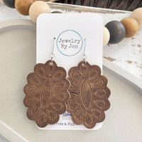 Dahlia Embossed Leather Drop Earrings – Western Boho Statement Jewelry, Nickel-Free
