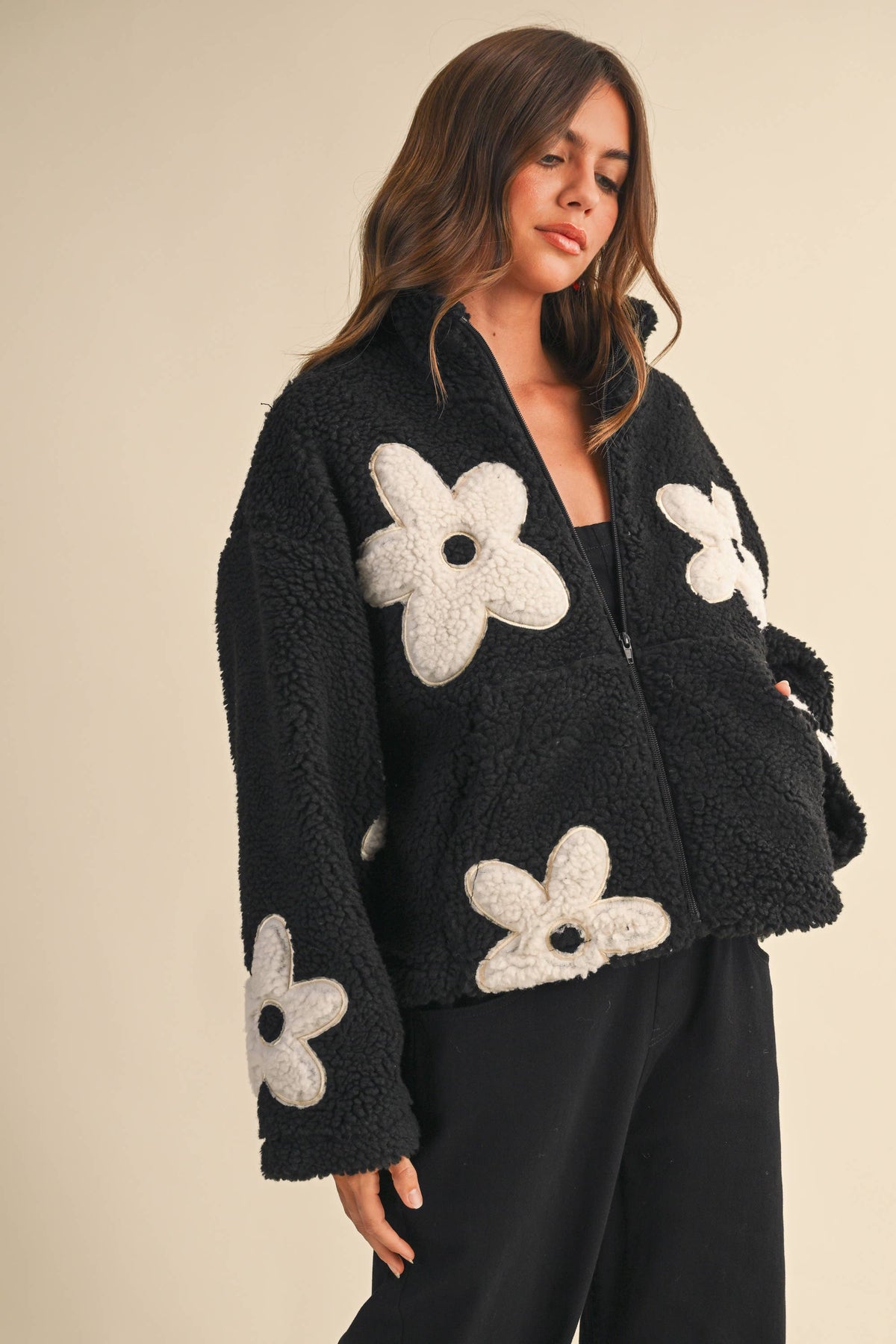 Floral Sherpa Zip Up Jacket: Black – Fully Lined Cozy Fleece with Pockets