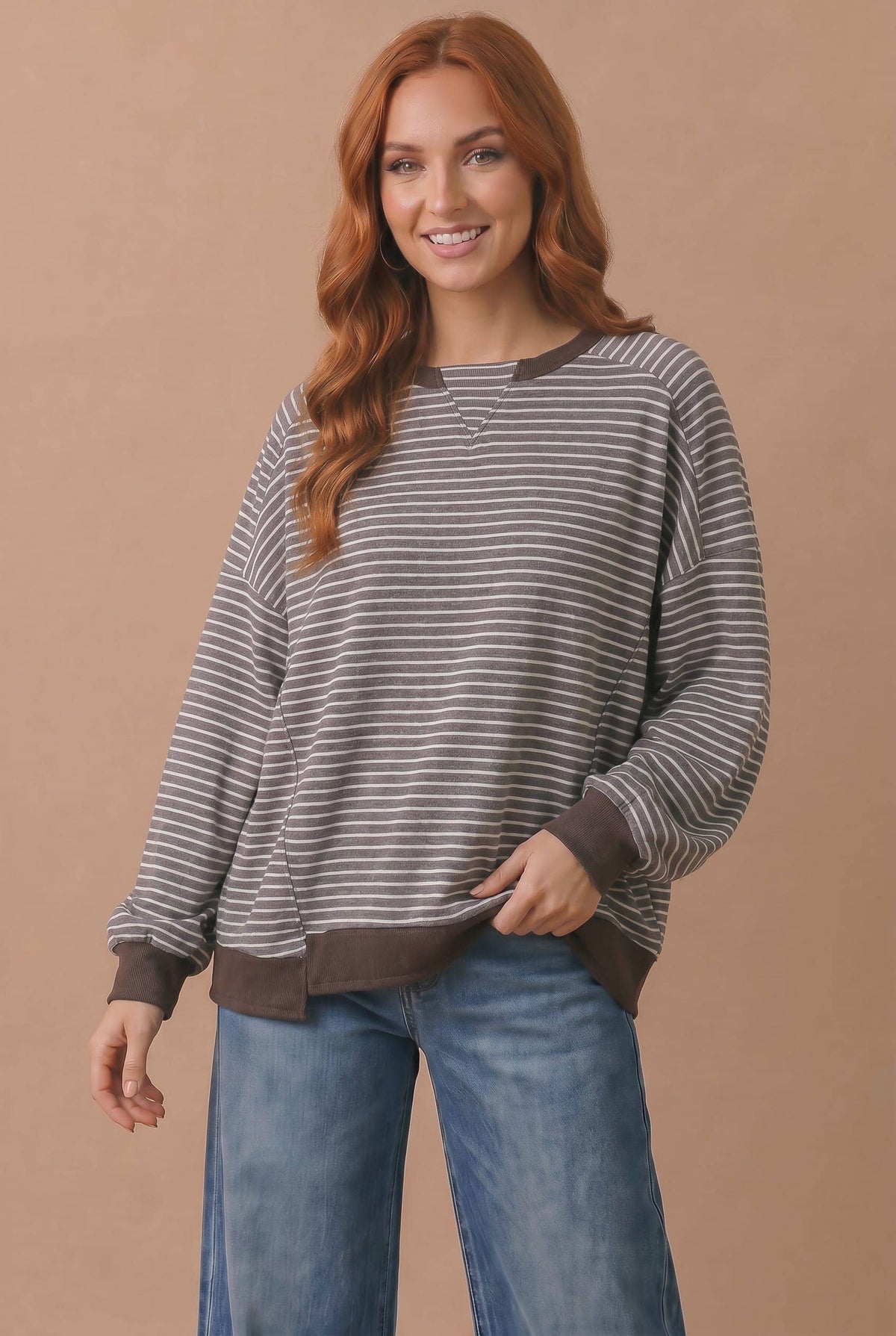The Plot Twist Stripe Pullover: Brown/ Grey Stripe