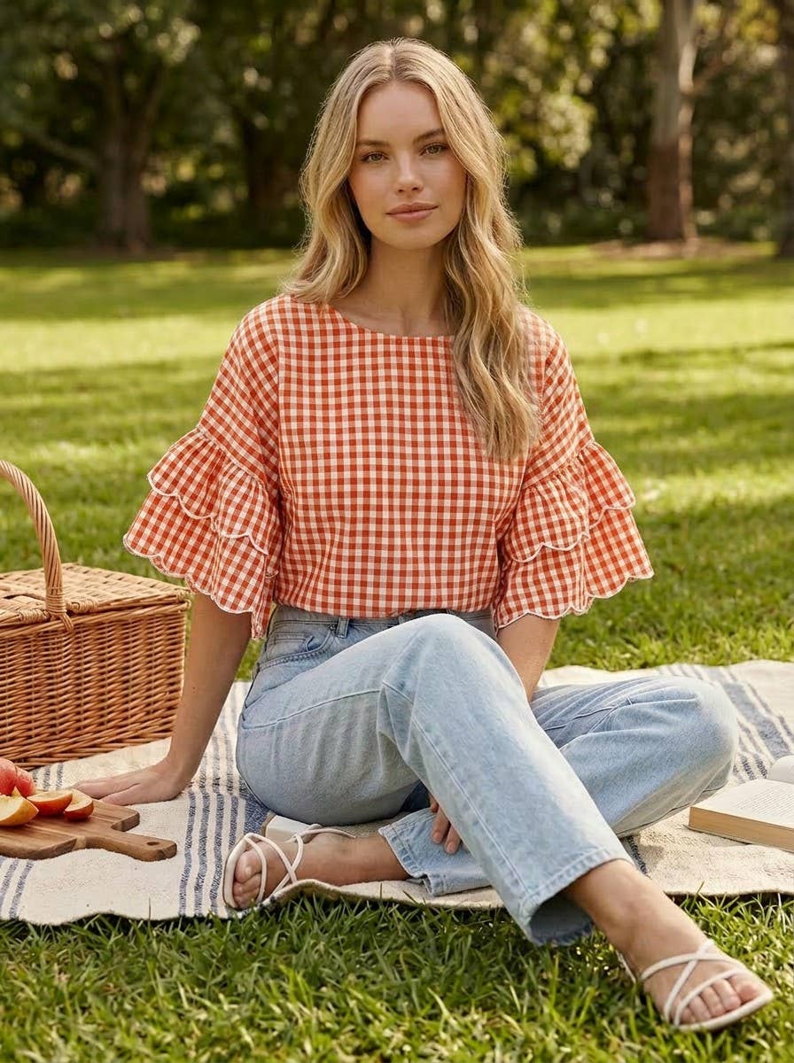 Charming Gingham Scallop Edge Wild Ruffle Sleeve Top VT83548: Brown / S