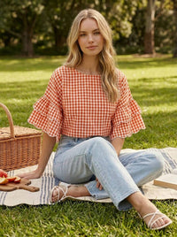 Charming Gingham Scallop Edge Wild Ruffle Sleeve Top VT83548: Brown / S