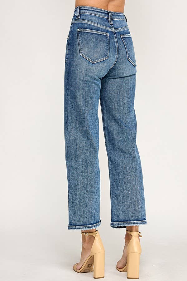 Petra153 "Sutton" Patch Pocket  High Rise Slim Wide Leg Jeans: Medium Wash