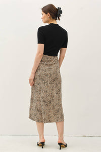 Chloe Animal Print Midi Skirt with Elastic Waistband: Brown Leopard