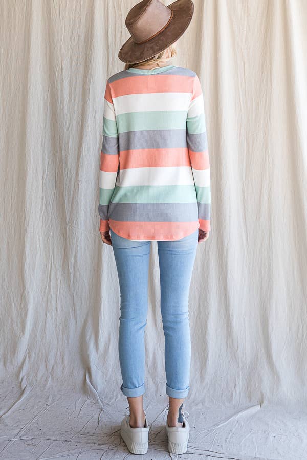 Polly Spring Stripe Ribbed Long Sleeve Casual Top: Coral/Multi