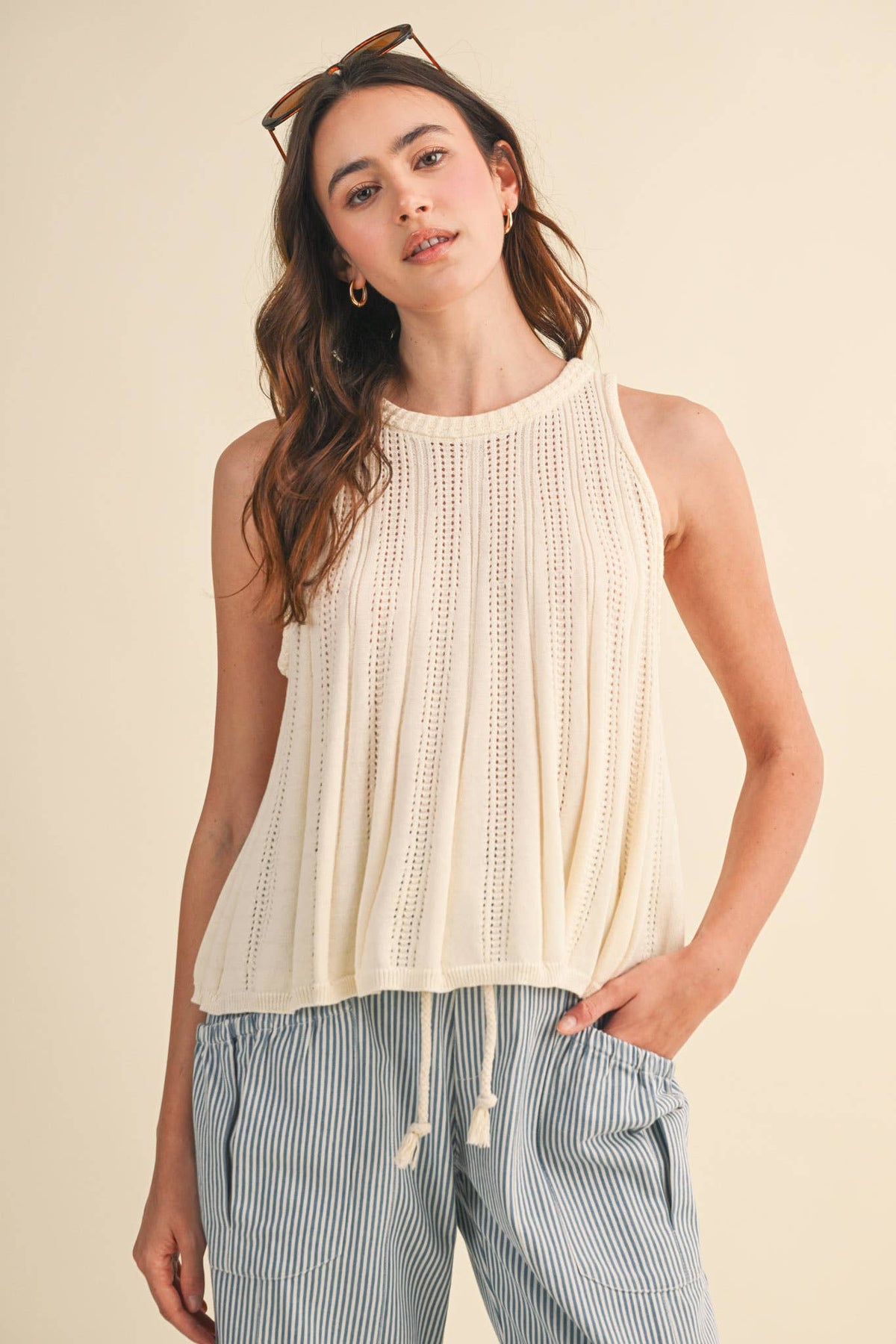 Coastal Breeze Pointelle Sweater Tank: Pale Ivory