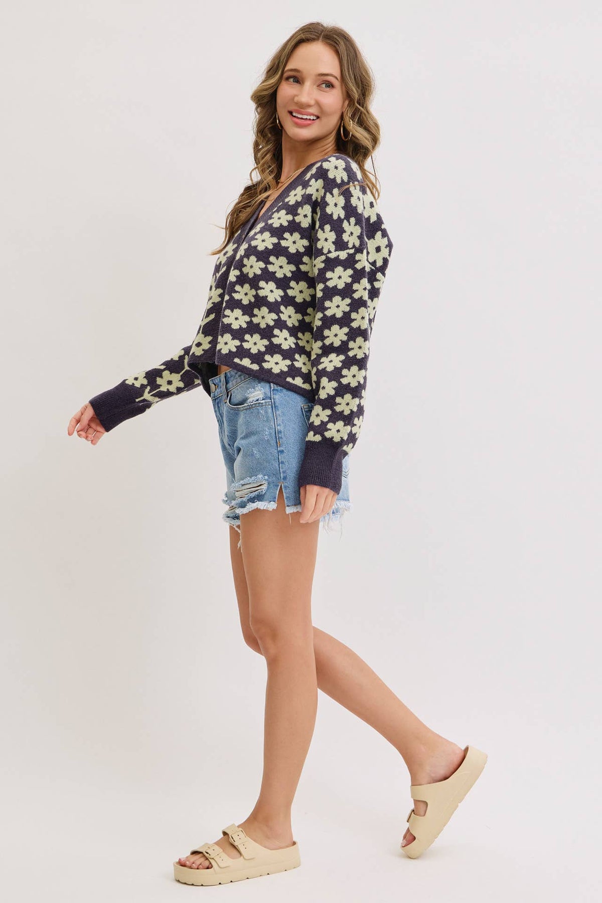 The Soleil Bold Floral Cardigan: Navy – Cropped V-Neck Boxy Sweater